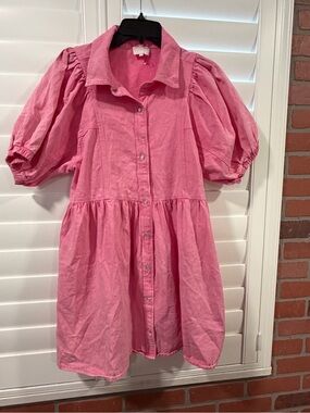 entro Pink Puff-Sleeve Button-Front Casual Dress